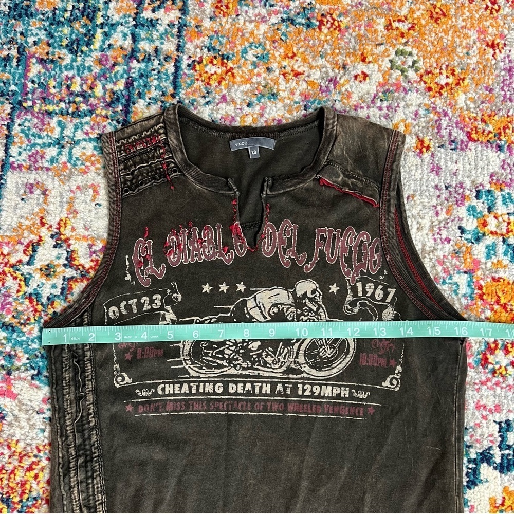 Vince. Grunge biker El Diablo Del Fuego Tank Top Shirt Sleeveless Distressed Vtg - Picture 10 of 12